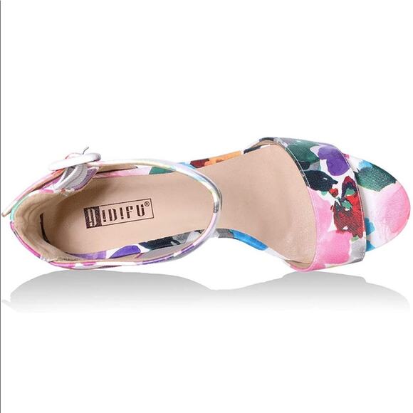 Floral platform Chunky High Heel Sandals ankle strap size 7 bright Spring - Picture 4 of 10